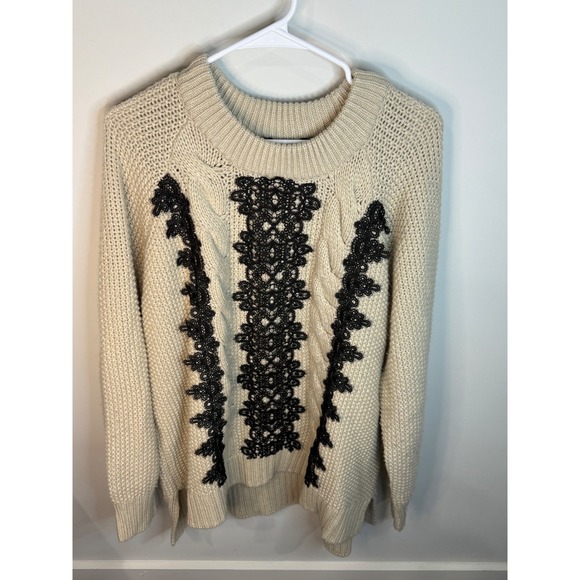 Simply Vera Wang Cream Knit Sweater Black Lace Embellished XXL - Picture 1 of 3
